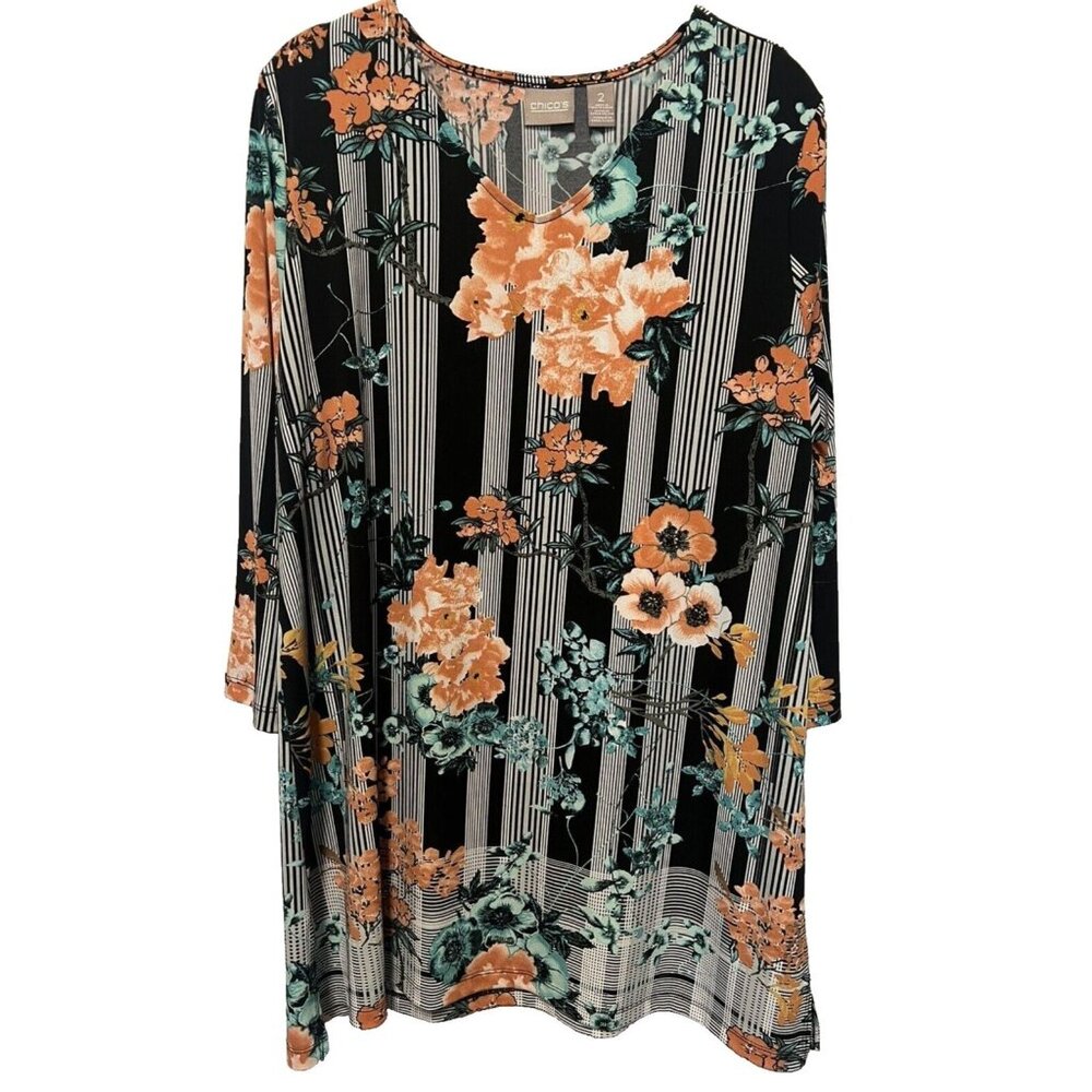 Chicos Women' Top‎ Tunic 2 (Large) Slinky Black White Floral 3/4 Sleeve V Neck